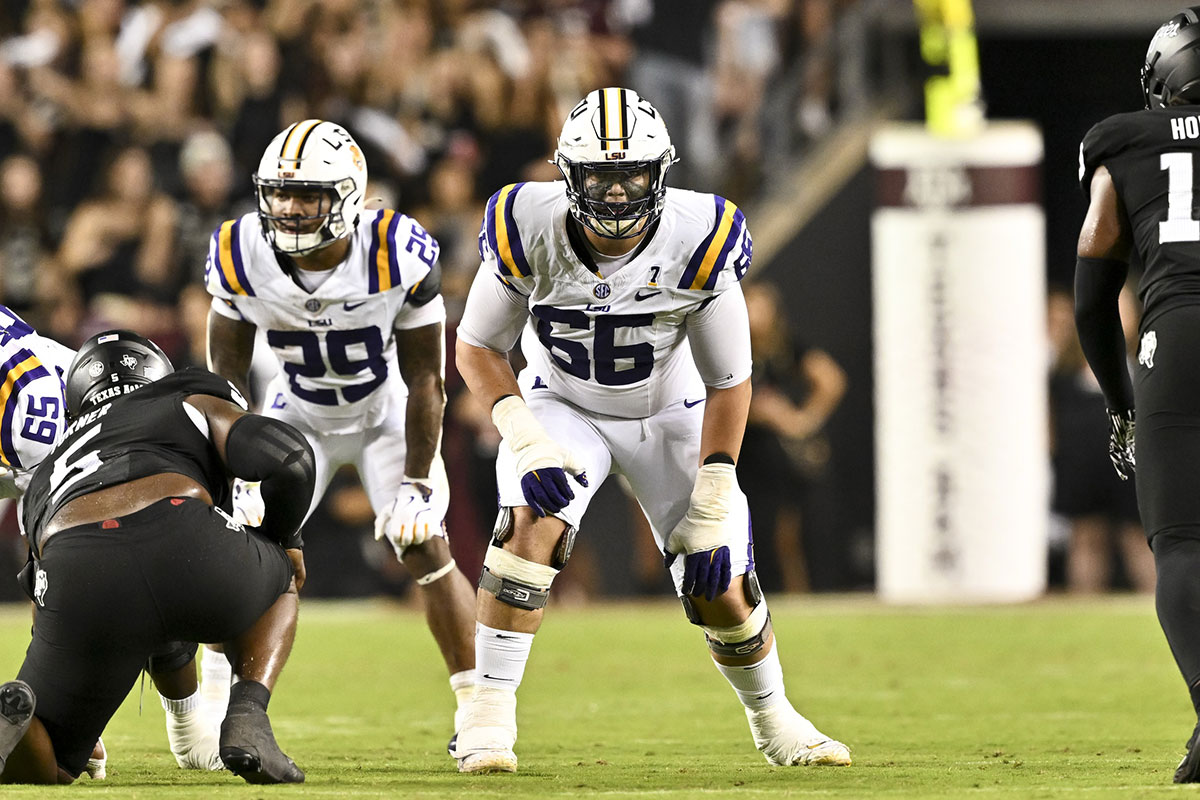 LSU Tigers offensive tackle Will Campbell (66) lines up during the second half against the Texas A&M Aggies. The Aggies defeated the Tigers 38-23; at Kyle Field.