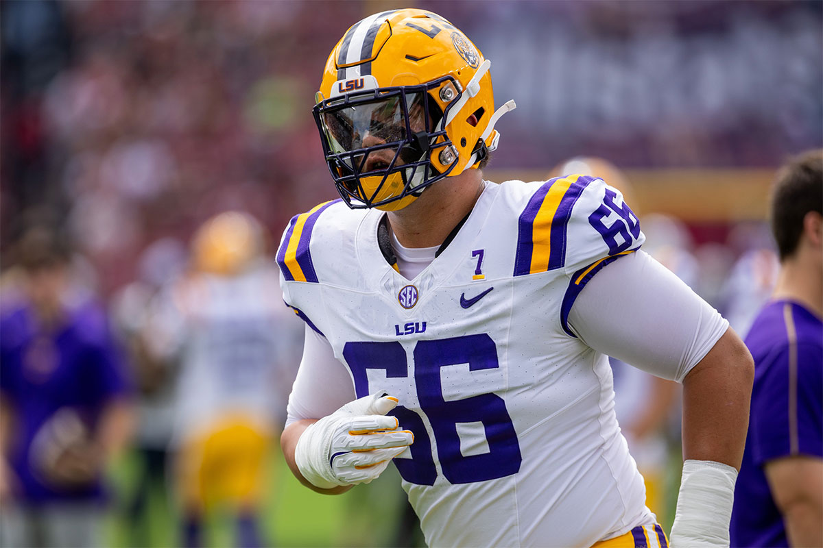 LSU Tigers offensive tackle Will Campbell (66) warms up before a game against the South Carolina Gamecocks at Williams-Brice Stadium.