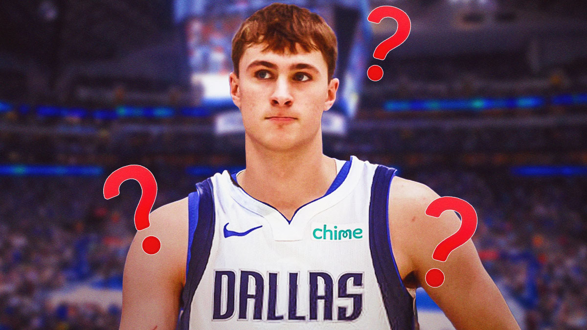 Cooper Flagg in a Dallas Mavericks jersey with question marks everywhere.