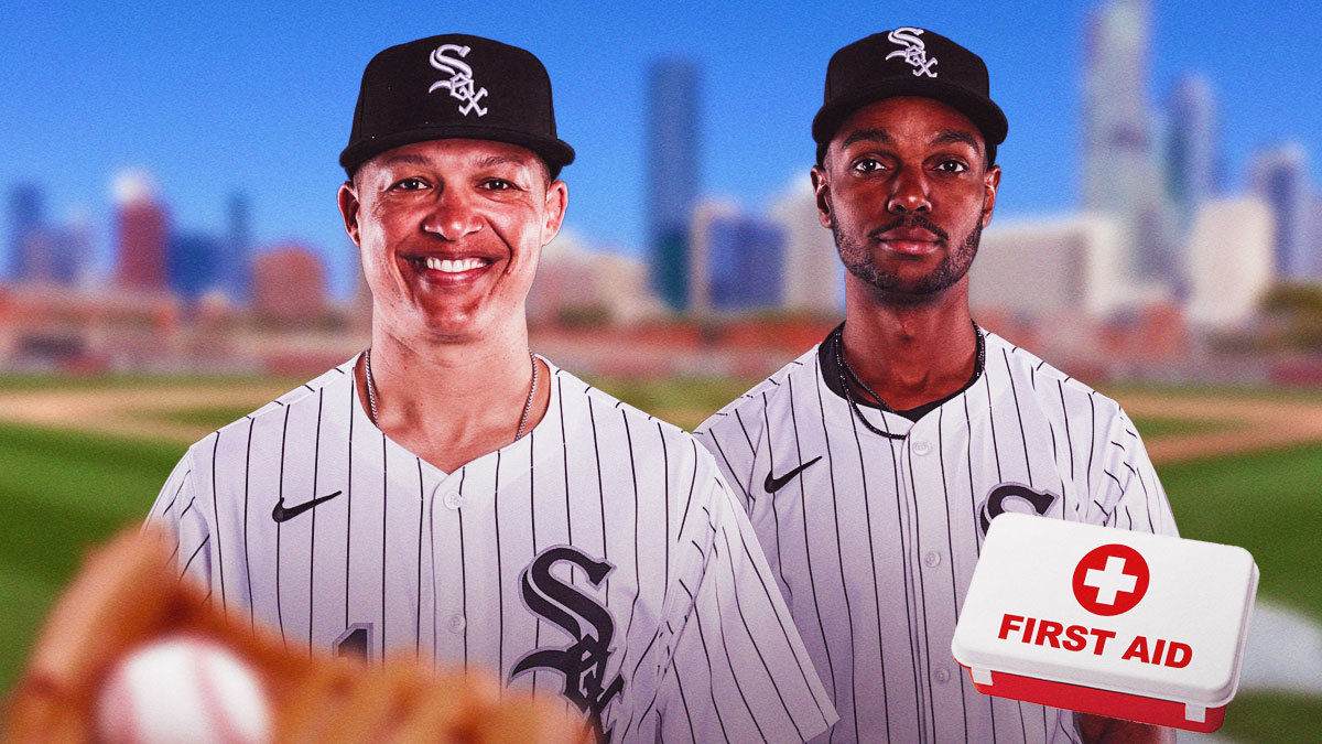 White Sox manager Will Venable and Michael A Taylor with red and white first aid symbol indicating injury as taylor's injury kept him out of the white sox game as the team deals with injuries in spring training.