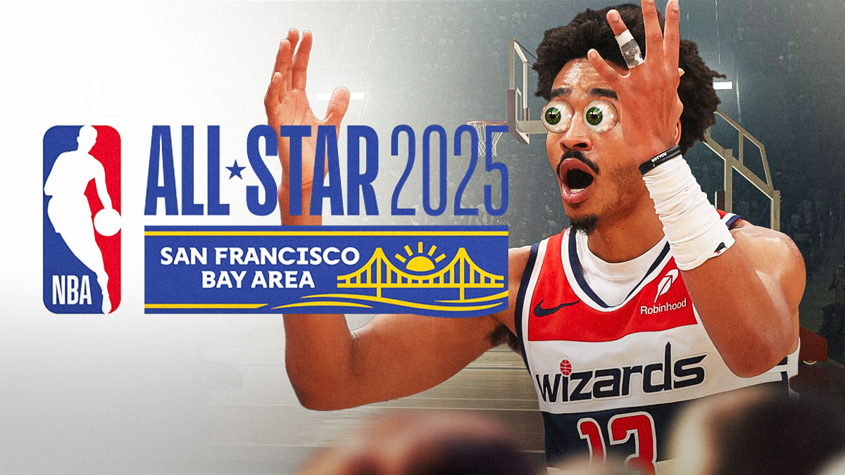 Jordan Poole looks with bulging eyes at NBA All-Star Game 2025 logo