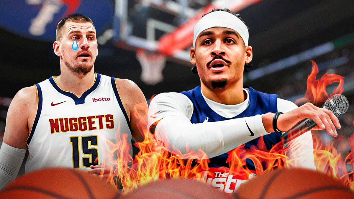 Wizards' Jordan Poole holding a mic in flames with Nuggets' Nikola Jokic crying in background