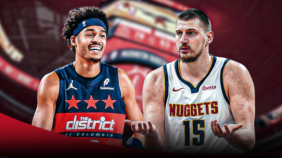 Jordan Poole smiles with basketball next to a frowning Nikola Jokic at Ball Arena