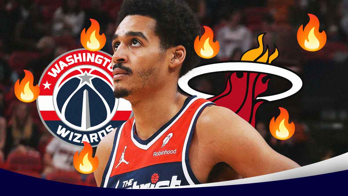 Jordan Poole, Washington Wizards and Miami Heat logos, fire symbols