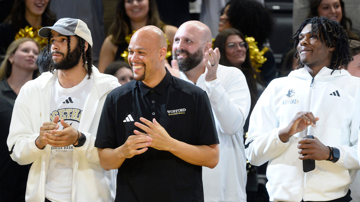 The Wofford men's basketball team hosted a NCAA Selection Show watch party on Sunday, March 16, at Jerry Richardson Indoor Stadium. Tennessee No. 2 seed will face No. 15 Wofford (19-15) on Thursday at Rupp Arena in Lexington, Kentucky. This is the moment the team finds out they will be playing Tennessee. Wofford's Dwight Perry reacts with his team.