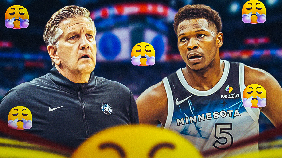 Timberwolves' Chris Finch and Anthony Edwards from this season and this emoji 😤 surrounding the photo