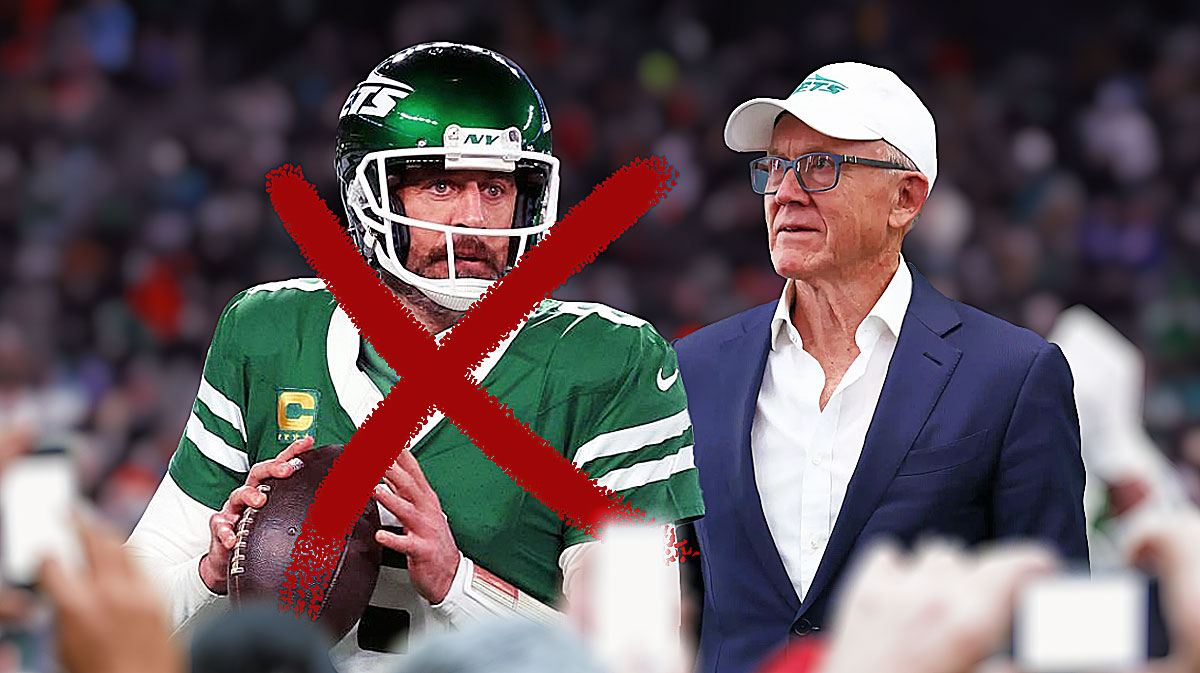 Jets owner Woody Johnson with Aaron Rodgers in a Jets jersey and a big red X going through him