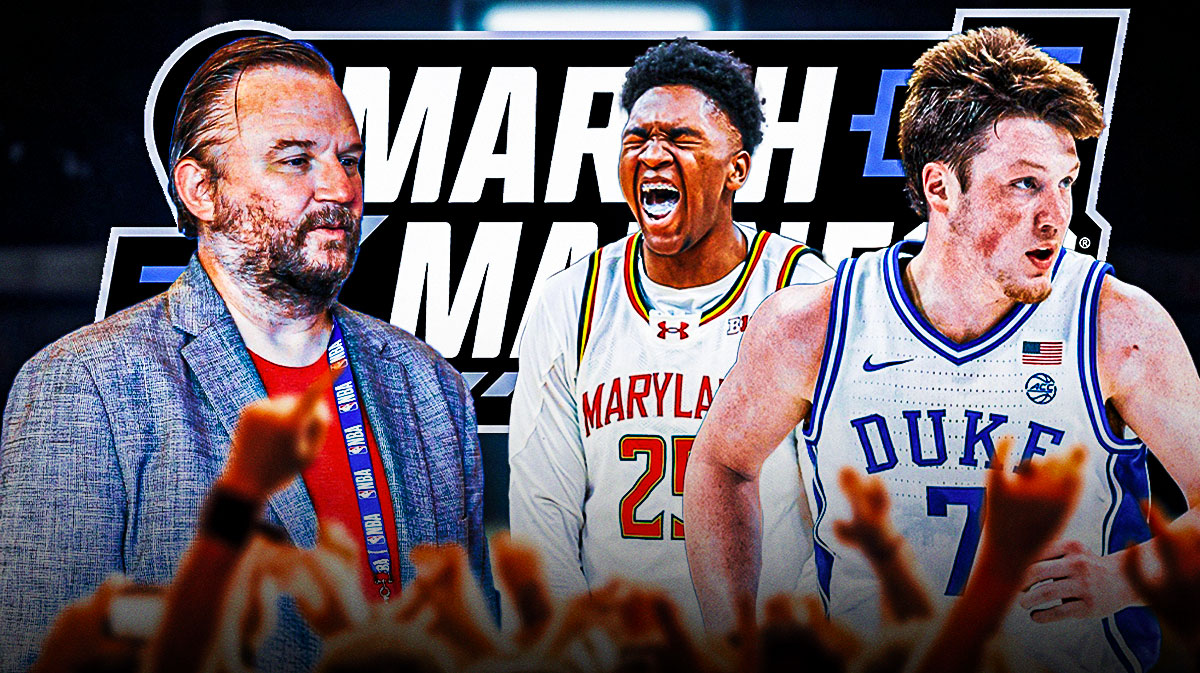 Daryl Morey looking serious next to Kon Knueppel and Derik Queen with the 2025 March Madness logo behind them