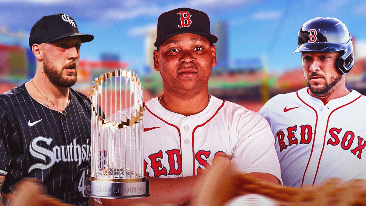 Alex Bregman standing next to Rafael Devers and Garrett Crochet looking at the World Series Trophy