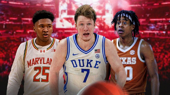 Maryland's Derik Queen, Duke's Kon Knuppel, and Texas' Tre Johnson against a backdrop of the Chicago Bulls United Center.