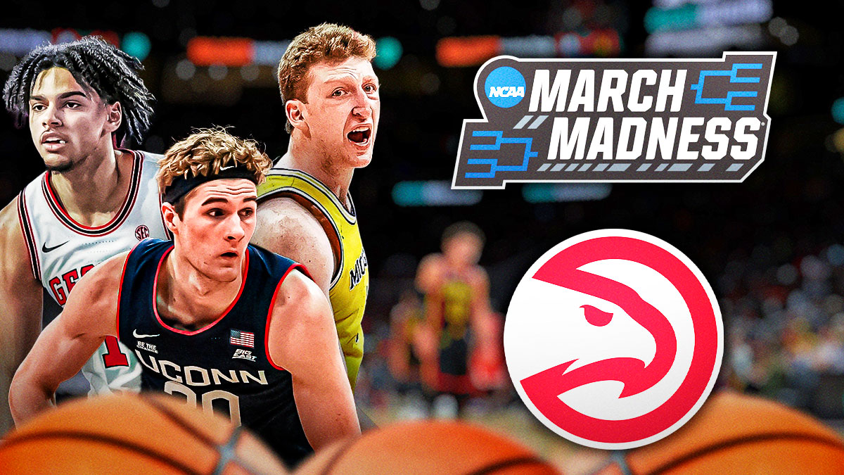 Liam McNeely, Danny Wolf, and Asa Newell next to a March Madness logo and a Hawks logo.