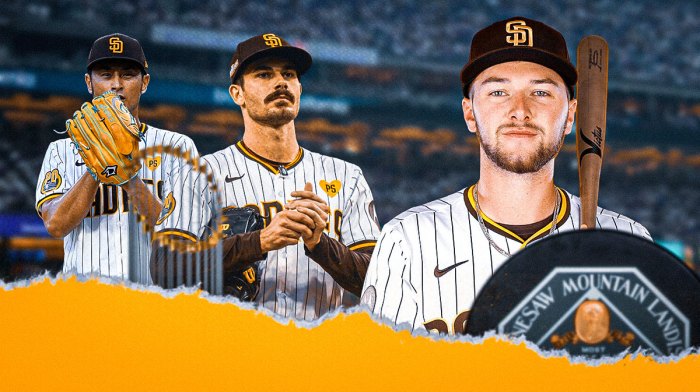 Jackson Merrill standing next to the MVP award, next to Dylan Cease and Yu Darvish standing next to the World Series trophy