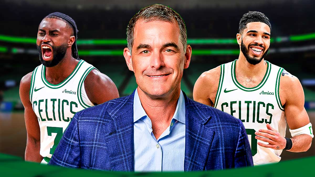 Celtics' Jayson Tatum and Jaylen Brown smiling with new owner (William Chisholm) in the middle on a Boston background