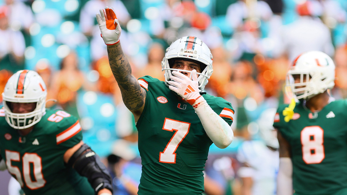 Miami Hurricanes wide receiver Xavier Restrepo (7) celebrates after a touchdown by wide receiver Jacolby George (not pictured) against the Duke Blue Devils during the fourth quarter at Hard Rock Stadium. Mandatory Credit: Sam Navarro-Imagn Images