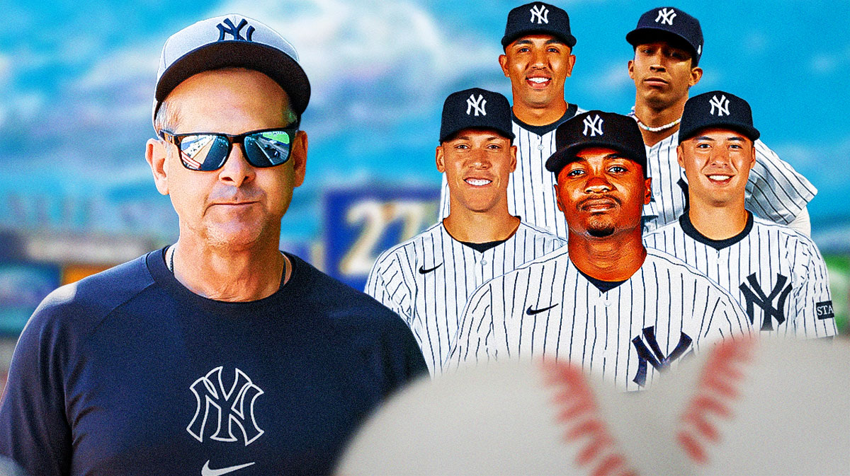 Yankees Aaron Boone on left looking serious. On right, need the following Yankees players: Yerry De Los Santos, Aaron Judge, Anthony Volpe, Oswald Peraza and Oswaldo Cabrera.