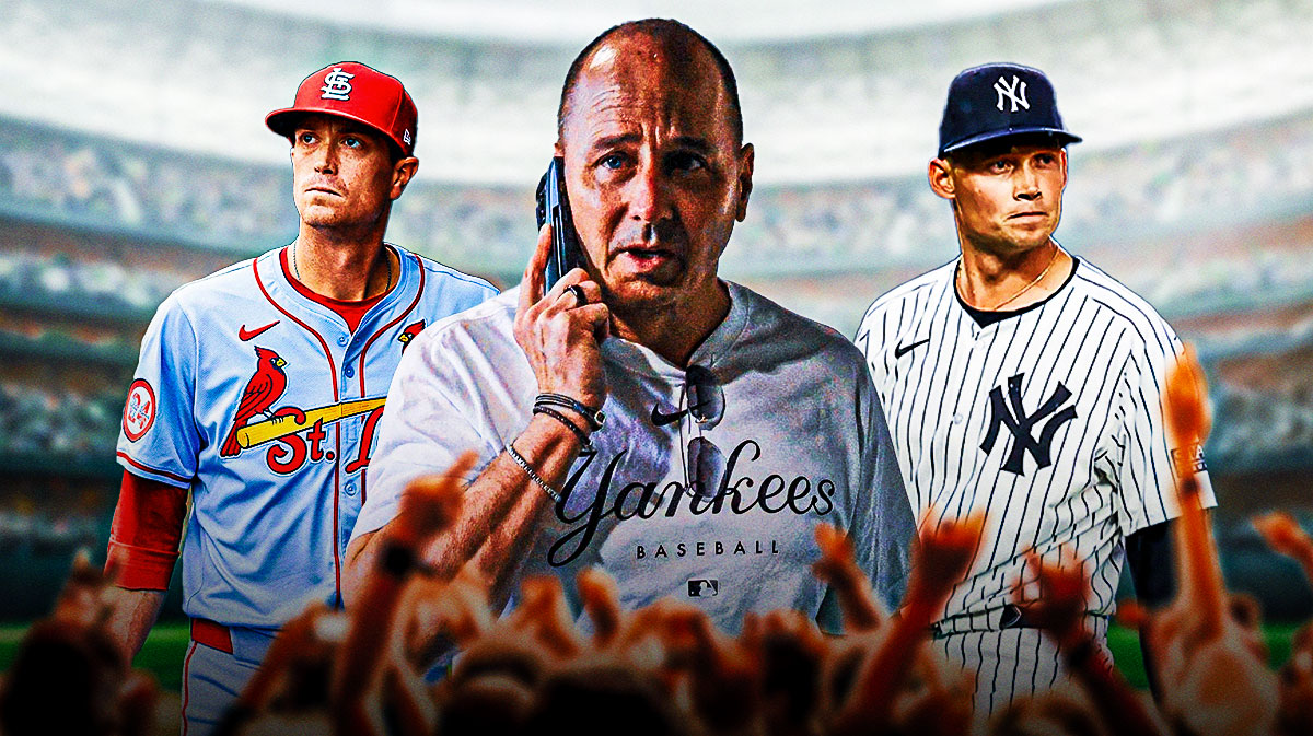 Brian Cashman (Yankees GM) looking concerned. Kyle Gibson (Cardinals), Will Warren (Yankees) behind him