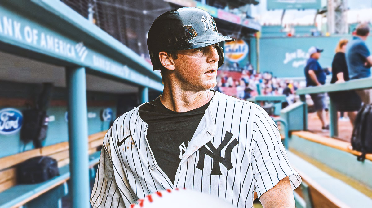 Yankees DJ LeMahieu looking serious in the Yankees dugout.
