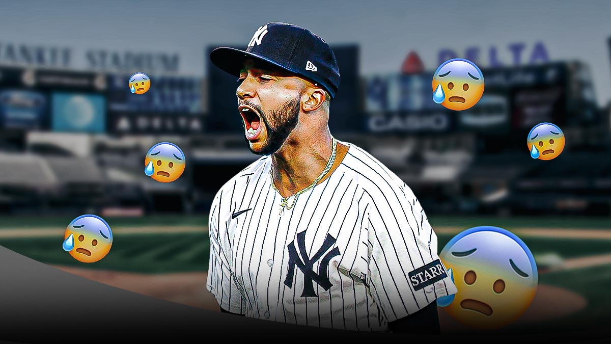 Devin Williams in a New York Yankees uniform with anxious face emojis around as williams nearly blew his yankees debut.