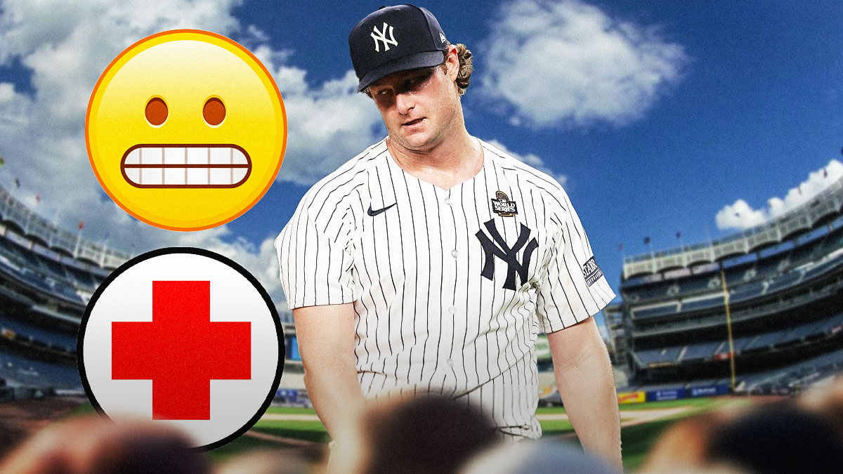 New York Yankees starting pitcher Gerrit Cole looking annoyed/upset/mad on left side, injury/health and nervous face emojis on right side, Yankee Stadium (home stadium of the New York Yankees)