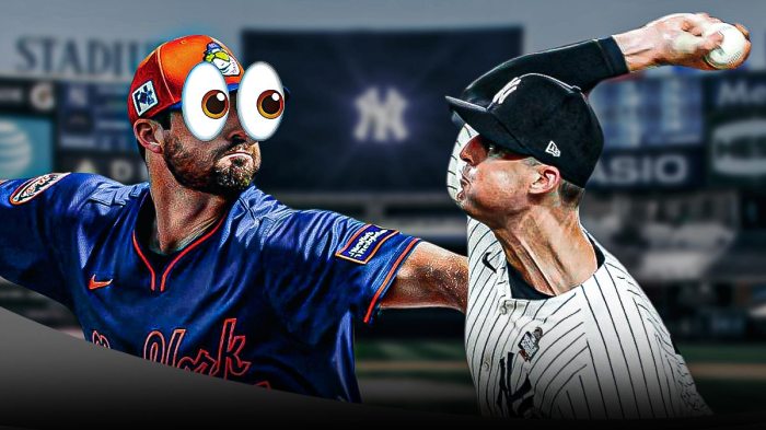 On left, Mets Clay Holmes with cartoon eyes popping out looking at Yankees Clay Holmes pitching a baseball on right.
