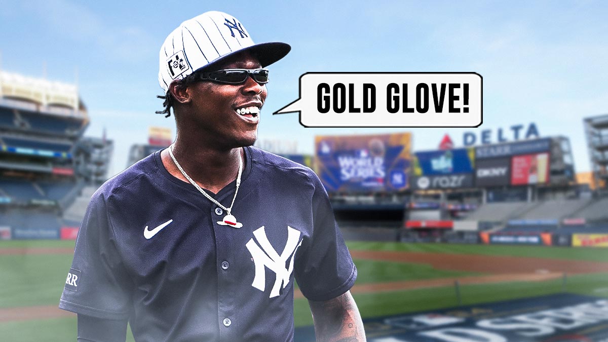 Jazz Chisholm Jr. in a New York Yankees uniform with a word bubble that reads: Gold Glove! as Chisholm will take over second base for the yankees.