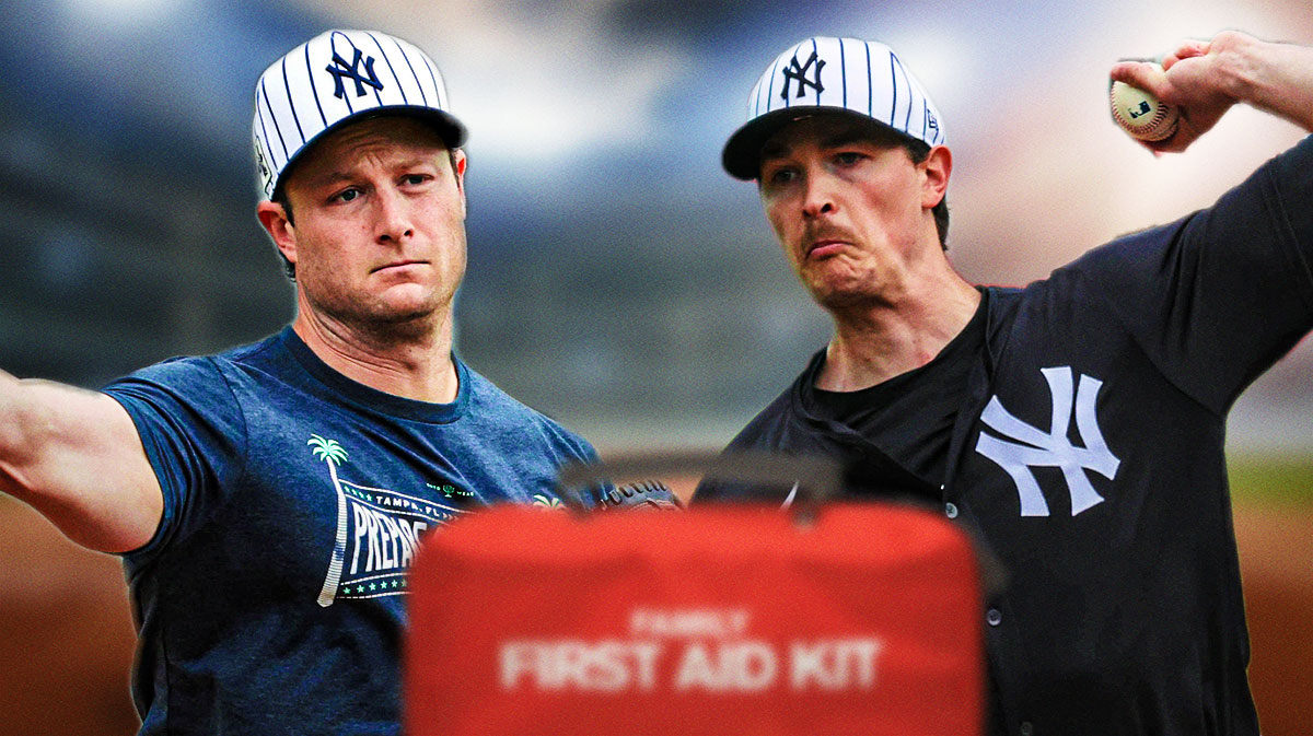 Max Fried in a Yankees uniform, Gerrit Cole with a first aid kit near him.