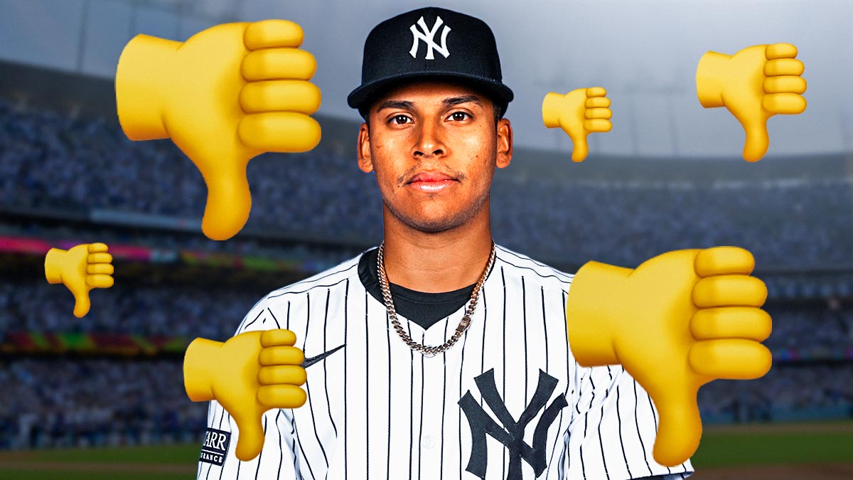 Jorbit Vivas in a Yankees uniform with a thumbs down emoji