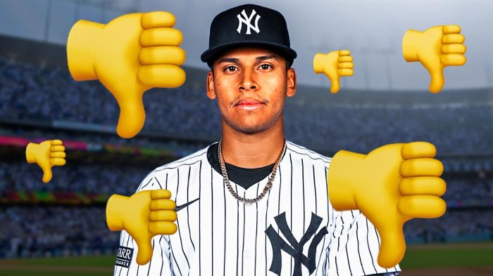 Jorbit Vivas in a Yankees uniform with a thumbs down emoji