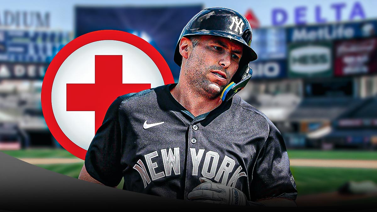 Paul Goldschmidt in a New York Yankees uniform with red and white first aid symbol as the yankees had another injury scare in spring training when paul goldschmidt left a game with a back injury.