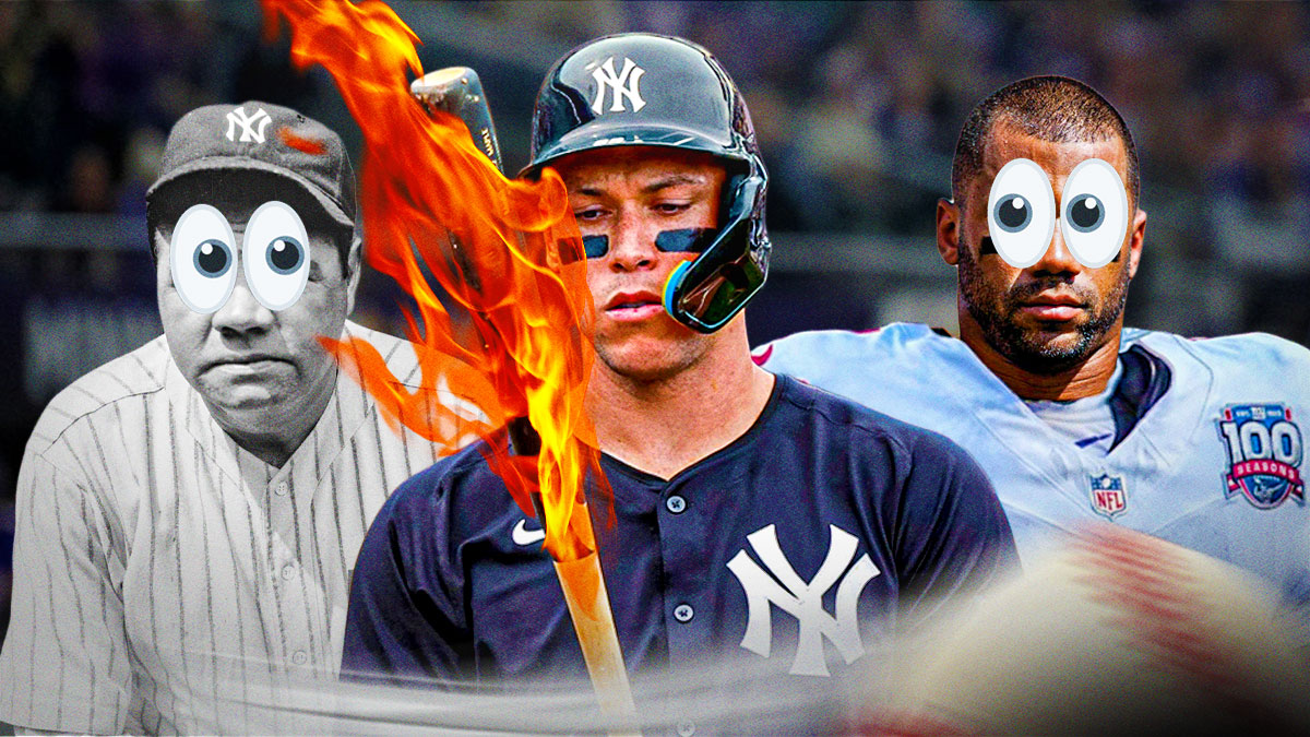 Yankees star Aaron Judge with a flaming bat, Russell Wilson, Babe Ruth with big eyes