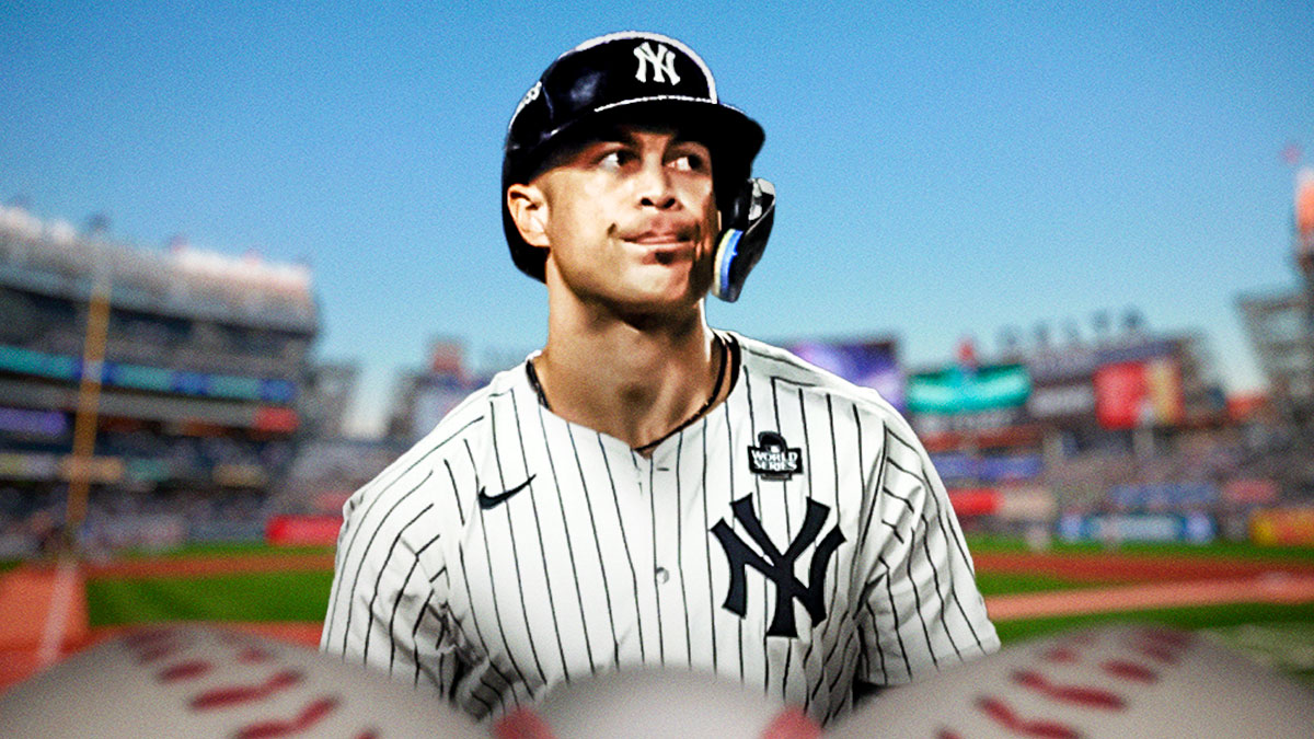 Yankees Giancarlo Stanton looking serious at Yankee Stadium.