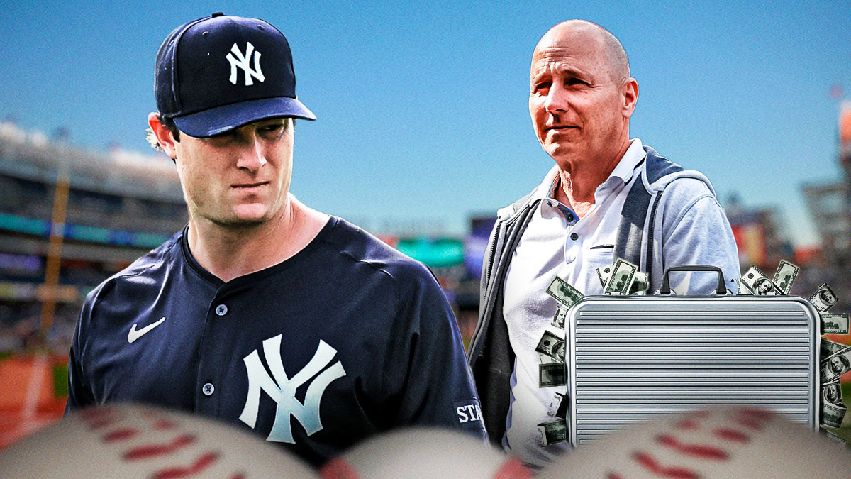Gerrit Cole (Yankees) looking concerned in the foreground, Brian Cashman with a similar expression and a briefcase full of money in the background.