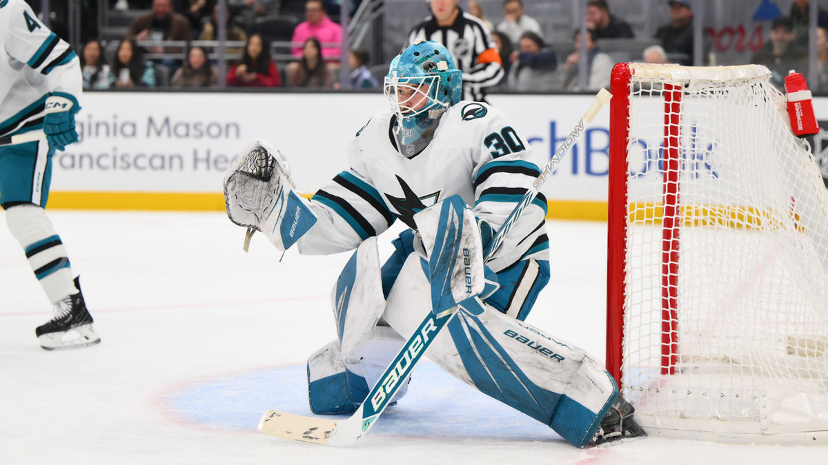San Jose Sharks goaltender Yaroslav Askarov (30) defends the goal against the Seattle Kraken during the first period at Climate Pledge Arena.