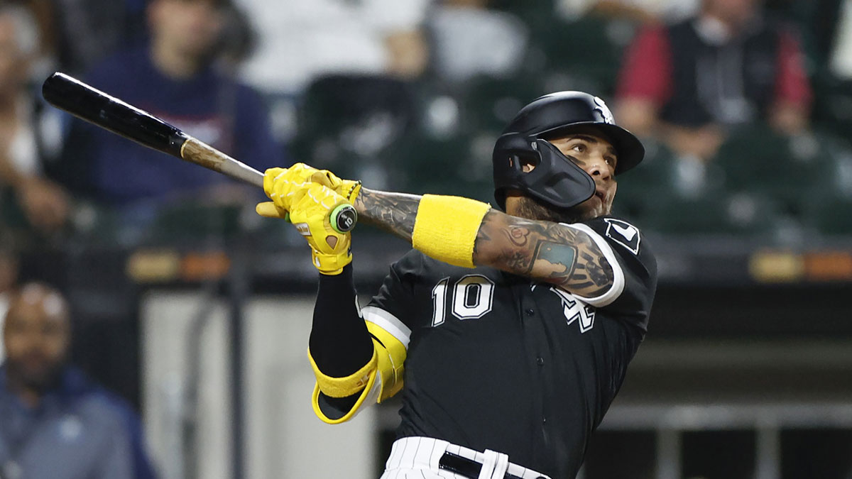 Sep 29, 2023; Chicago, Illinois, USA; Chicago White Sox third baseman Yoan Moncada (10) hits a solo home run against the San Diego Padres during the eight inning at Guaranteed Rate Field. 