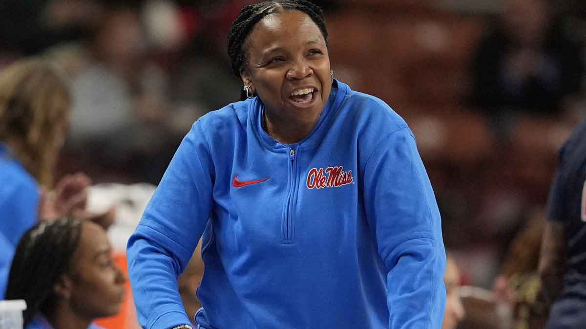 Ole Miss Rebels head coach Yolett McPhee-McCuin reacts to closing the scoring gap against Texas Longhorns during the second half at Bon Secours Wellness Arena