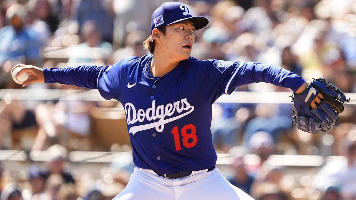 Los Angeles Dodgers pitcher Yoshinobu Yamamoto throws to the Arizona Diamondbacks in the first inning during a spring training game at Camelback Ranch-Glendale in Phoenix on March 10, 2025.