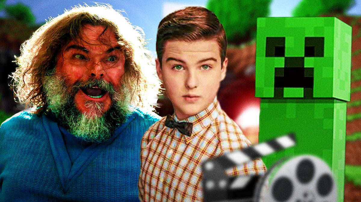 Jack Black from A Minecraft movie, which is holding a crossover sweepstakes with Young Sheldon, next to Iain Armitage and a Creeper from the game.
