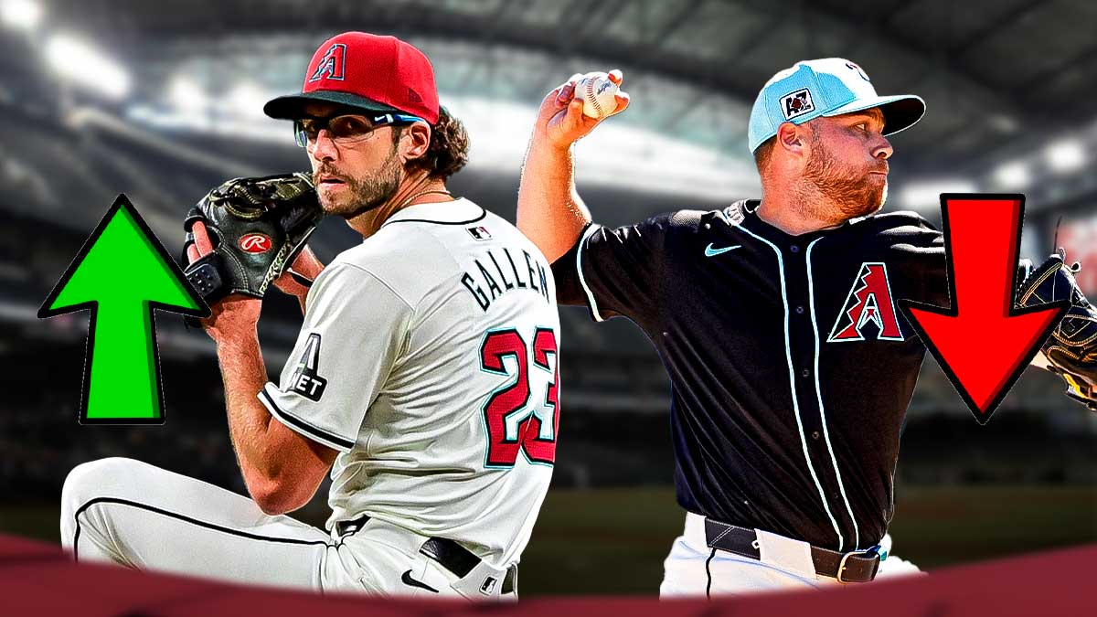 Zac Gallen pitching in a Diamondbacks uniform with a green arrow pointing up next to him and Corbin Burnes pitching in a Diamondbacks uniform with a red arrow pointing down next to him as Gallen gets the opening day start over burnes.