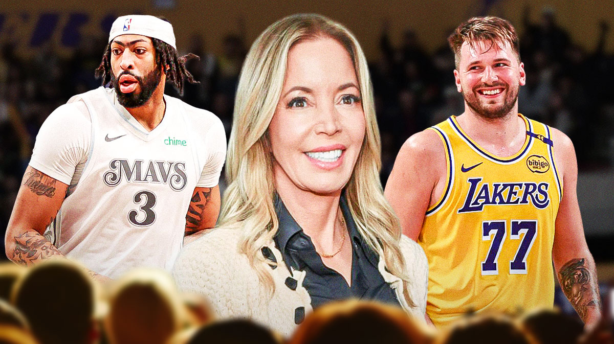 Jeanie Buss smiling in the middle. Anthony Davis (in a Mavericks uniform) on the left looking mad. Luka Doncic (in a Lakers uniform) on the right looking happy