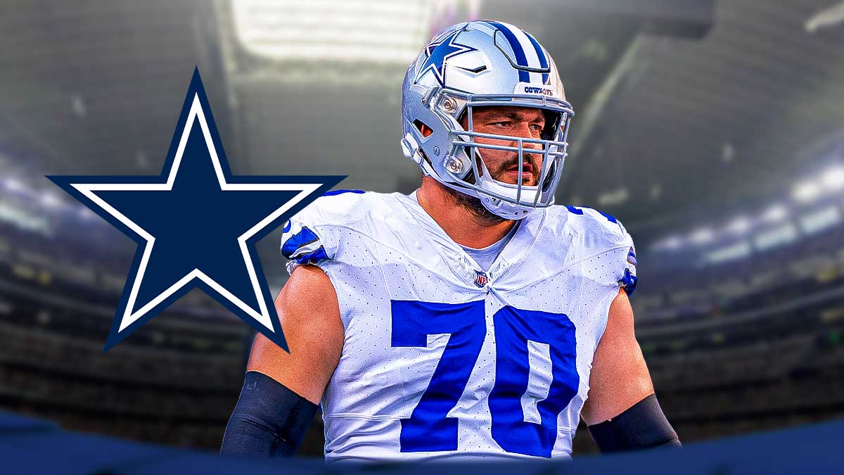 Former Dallas Cowboys O-lineman Zack Martin looking serious. Dallas Cowboys logo next to him