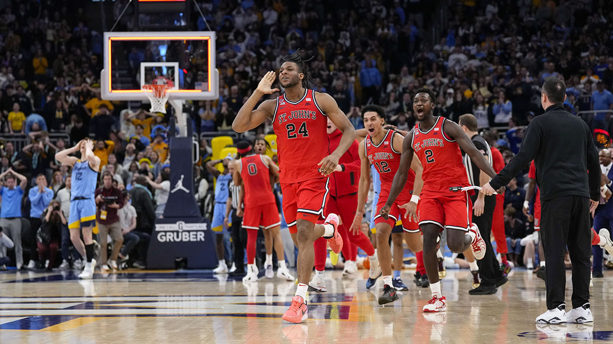 Mar 8, 2025; Milwaukee, Wisconsin, USA; St. John’s Red Storm forward Zuby Ejiofor (24) celebrates after making the game winning shot in overtime against the Marquette Golden Eagles at Fiserv Forum.