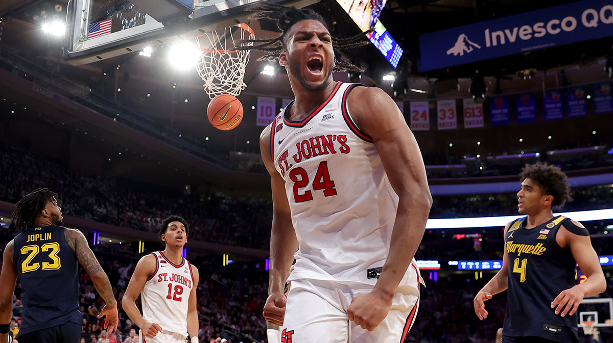 St. John's Red Storm forward Zuby Ejiofor (24) reacts after a basket and a foul during the second half against the Marquette Golden Eagles at Madison Square Garden.