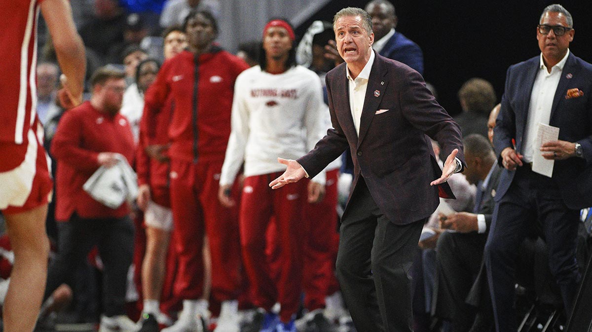 Arkansas Razorbacks head coach John Calipari reacts during the first half against the Texas Tech Red Raiders during a West Regional semifinal of the 2025 NCAA tournament at Chase Center.