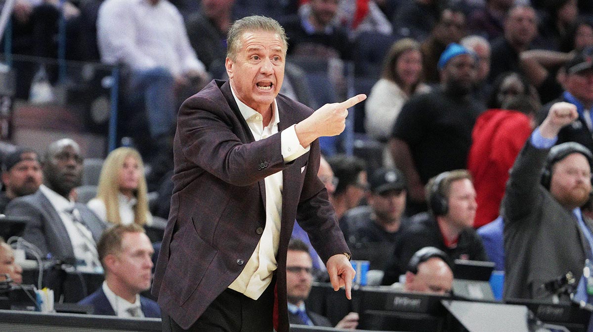 Arkansas Razorbacks head coach John Calipari directs play downcourt during the first half against the Texas Tech Red Raiders during a West Regional semifinal of the 2025 NCAA tournament at Chase Center.