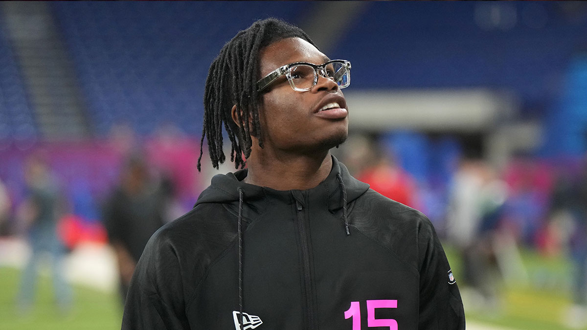 Colorado defensive back Travis Hunter (DB15) looks on during the 2025 NFL Scouting Combine at Lucas Oil Stadium.