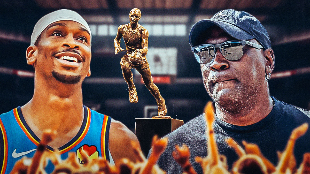 Thunder All-Star Shai Gilgeous-Alexander next to Hall of Fame guard Michael Jordan with the NBA MVP trophy in the background