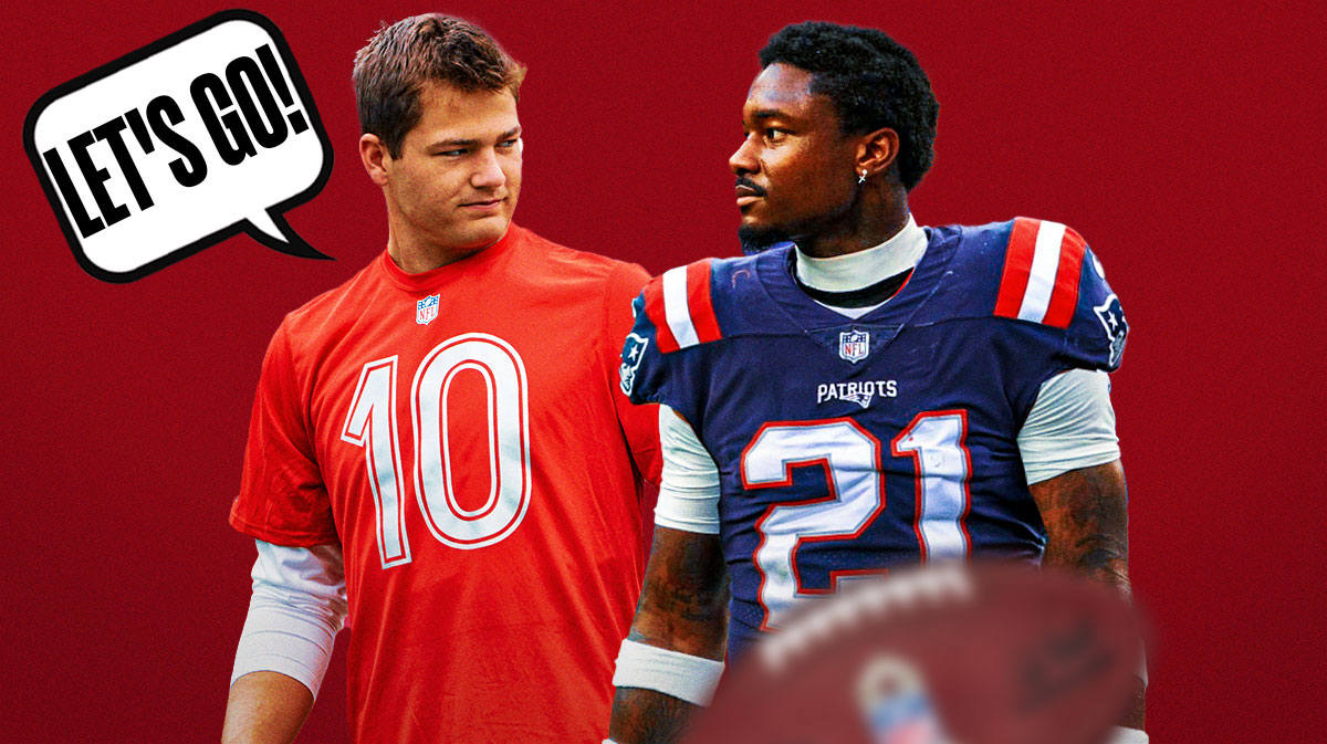 Drake Maye on one side with a speech bubble that says "Let's go!" Stefon Diggs in a New England Patriots uniform on the other side