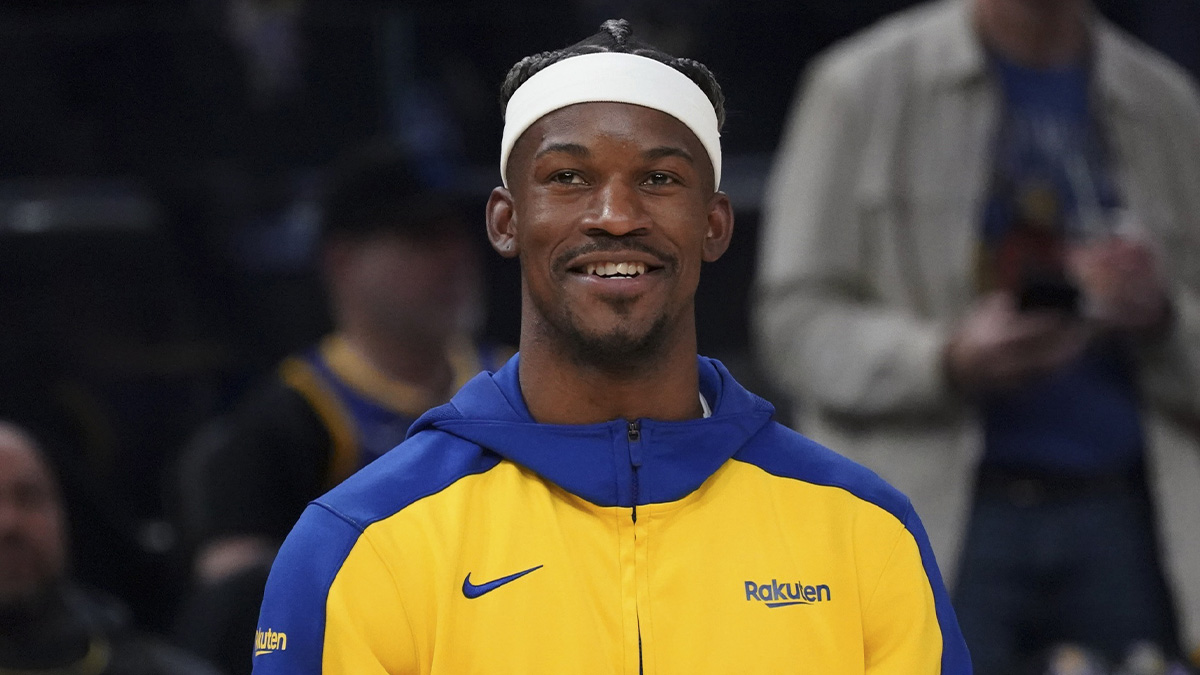 The Golden State Warriors striker Jimmy Butler III (10) warms before the match against the Detroit Pistons at the Chase Center.