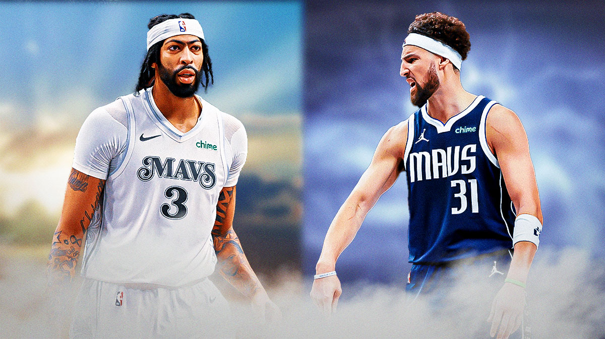 Mavericks Anthony Davis and Klay Thompson in the middle with a sunny sky behind them on one side and a stormy sky behind them on the other