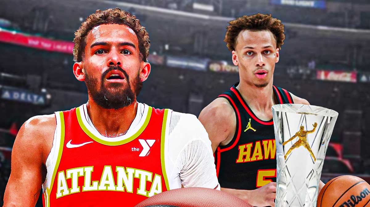 Trae Young with Dyson Daniels in a Hawks jersey next to him, and the NBA Defensive Player of the Year award next to Daniels
